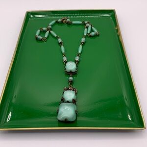 Light Green Roman Glass Beads Fleur de Lise Setting Necklace Costume Jewelry